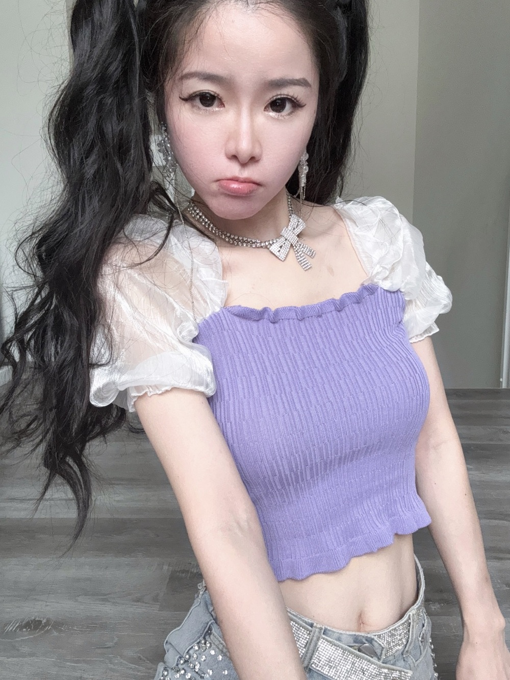 Sheer Sleeve Ribbed Crop Top - Lavender